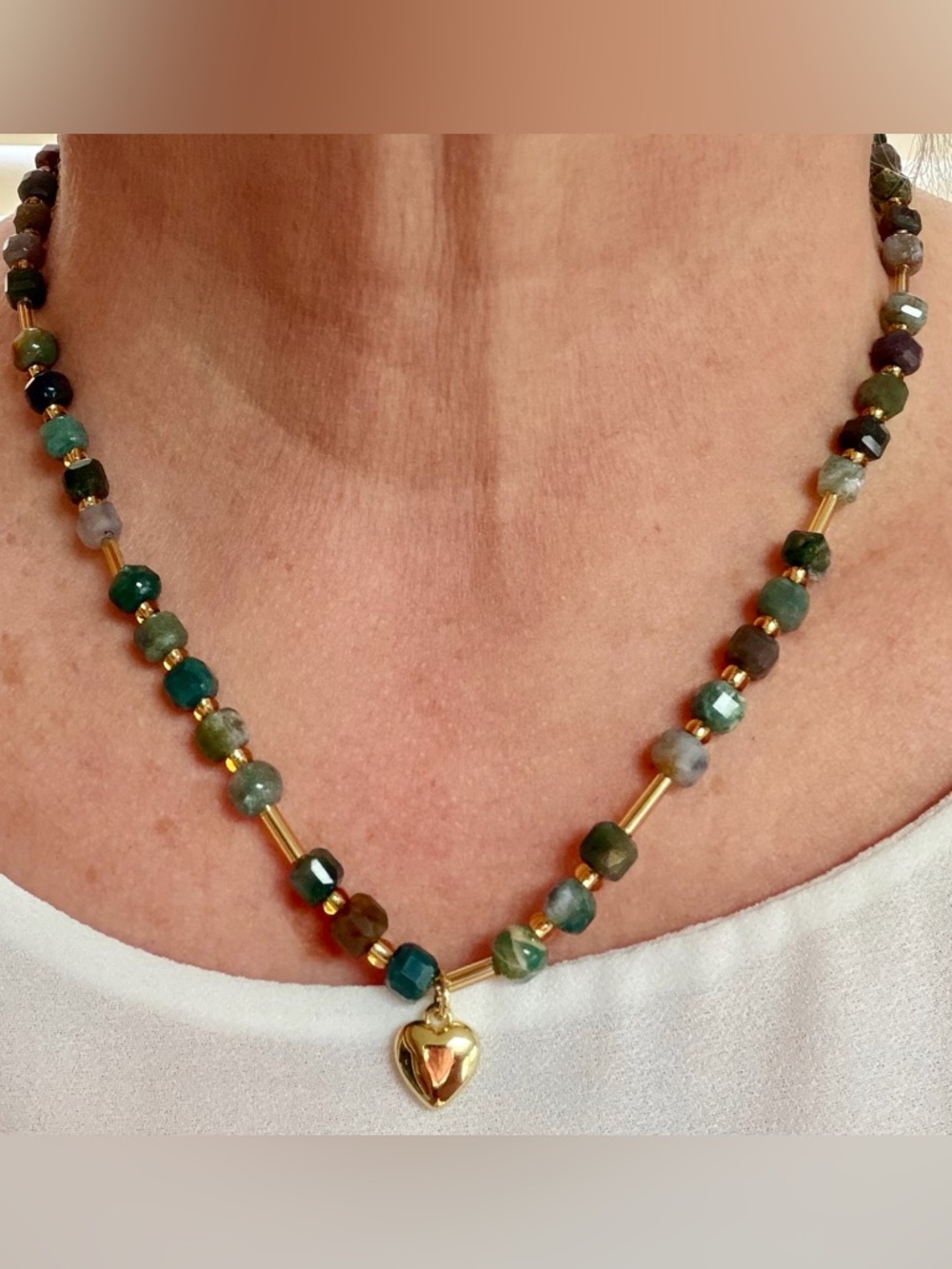 Indian agate & glass beads necklace.Lobster clasp,heart pendant.Handcrafted. 18”